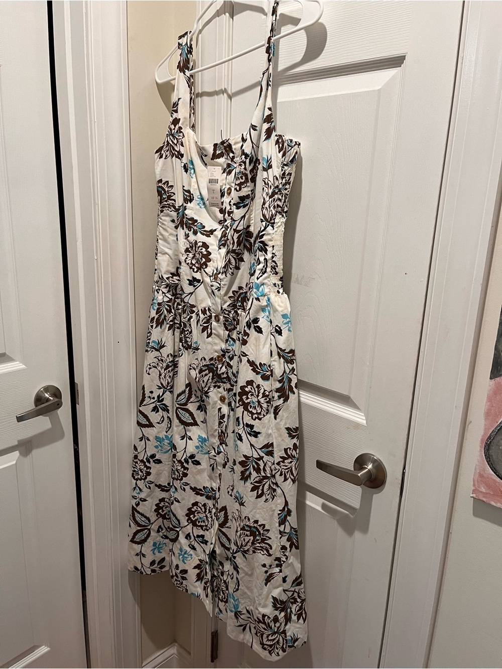 Anthropologie White Midi Dress with Brown Floral and Aqua Accents